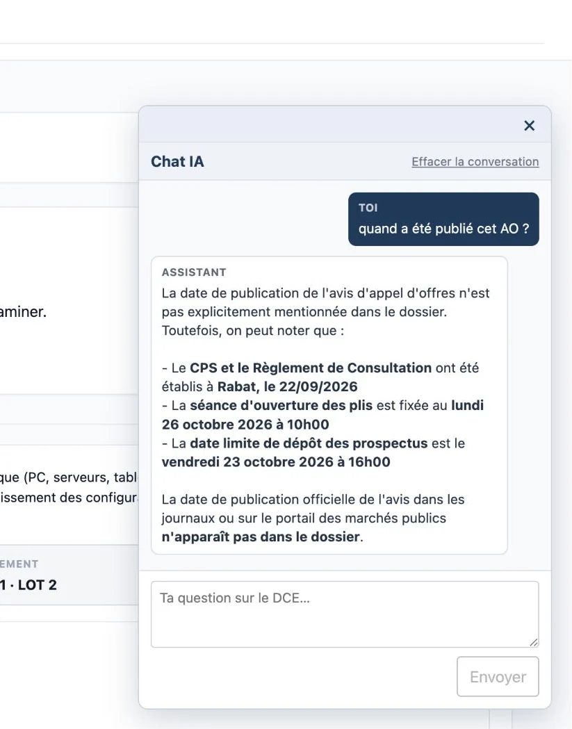 Fenêtre de chat IA répondant à une question sur un dossier de consultation