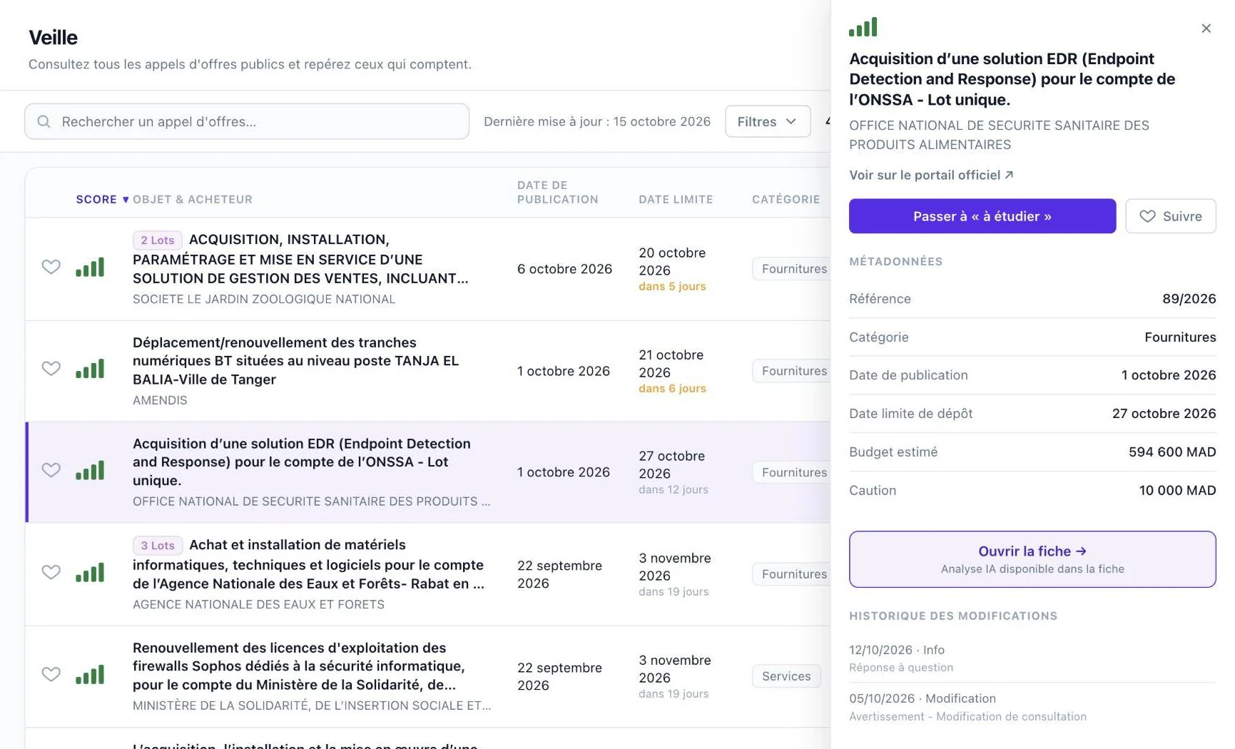 Appel d'offres signalé après un report ou un rectificatif
